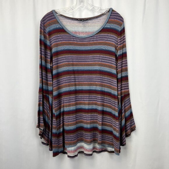 Relativity Womens Multicolor Striped Bell Sleeve Scoop Neck Blouse Top Sz Large - Picture 1 of 10